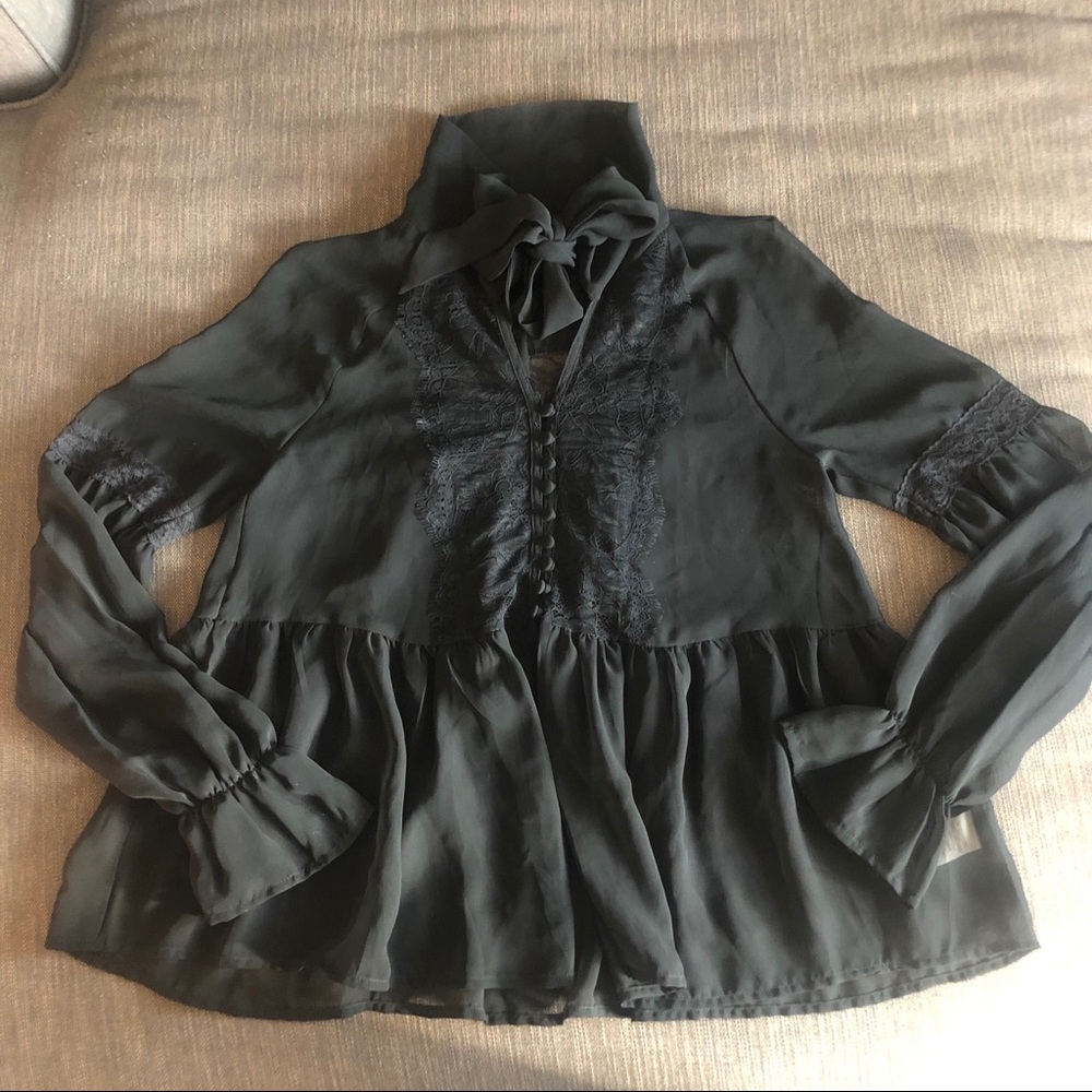 Free People Black Marquee Neck Tie Blouse